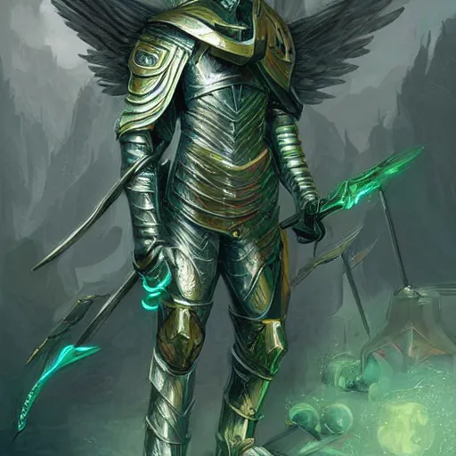 Image similar to illustration, armored angel knight in Phthalo metallic green armor with knight helmet, inhumanly long and thin limbs, fallen angel, Barthin, by Peter Mohrbacher, hyper detailed, otherworldly, octane rendered, fantasy, heavenly