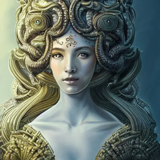 Prompt: ultradetailed ornate sci-fi RPG illustration of a beautiful symmetric Medusa radiating a glowing aura wearing a roots flower armor with much decorum, digital airbrush painting, 3d rim light, hyperrealistic masterpiece, artstation, cgsociety, kodakchrome, golden ratio