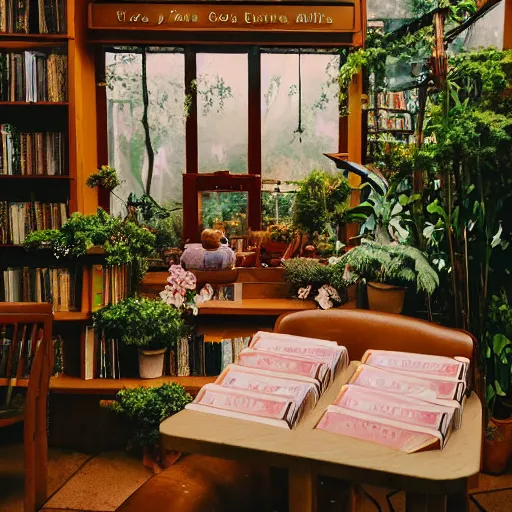 Prompt: Dreamy photo of a very very cozy bookstore cafe that is nestled into the lush PNW woods, lush plants and flowers, sleepy feeling, magical feeling, hazy, film grain, muted color palette, castles and temple details, ornaments, in the style of Gucci, photographed by Petra Collins and Wes Anderson, magic details, 8k, trending on artstation, very detailed W 910