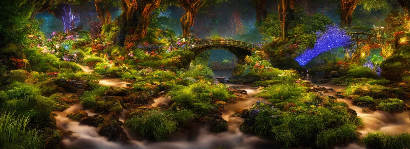 Prompt: photograph of enchanted garden, blue river in the middle, 1 glowing bridge crossing river, plants with intricate detail, by marc adamus, highly detailed, intricate detail, cinematic lighting