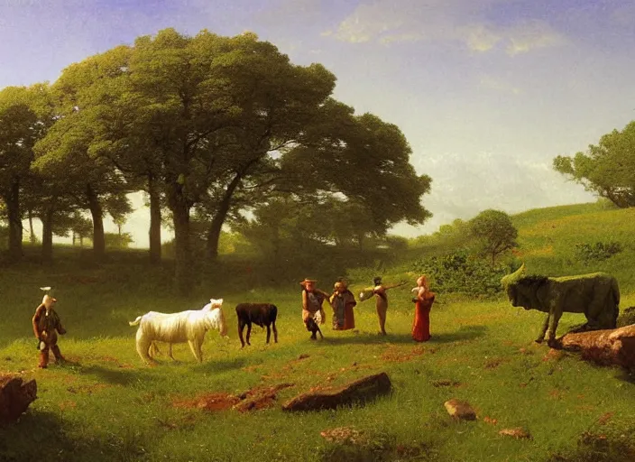 Prompt: tilt shift green pasture, clay creatures playing a game, Albert Bierstadt, Jim Burns, Edwin Church, Frederic Thomas Cole, Brown Durand, Asher David Friedrich, Caspar James Gurney, Johnson Heade, Martin Raphael Lacoste, Ted Nasmith, Andreas Rocha, Christophe Vacher !n 9