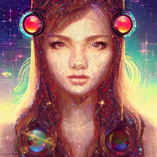 Image similar to mosaic portrait of a beautiful young girl with robot ears falling into the stars by Ross Tran, 4k, intricate details