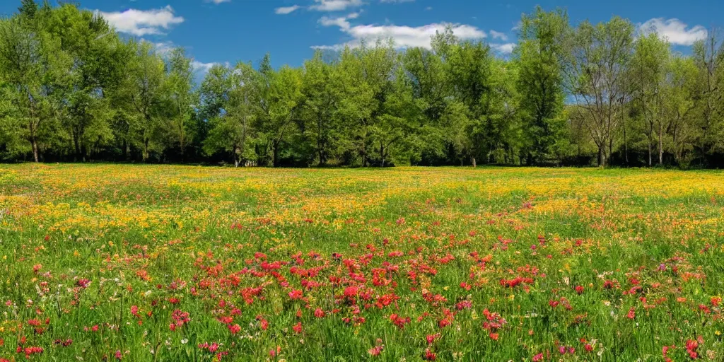 Image similar to flower meadow with lots of blooming trees, beautiful landscape