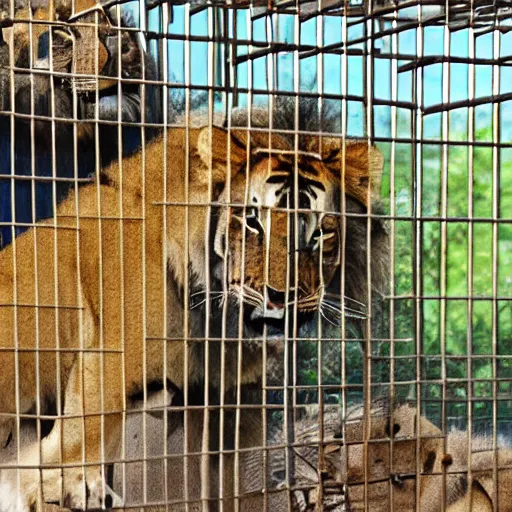 Prompt: lion and a tiger roaring in cage at the zoo wearing hats