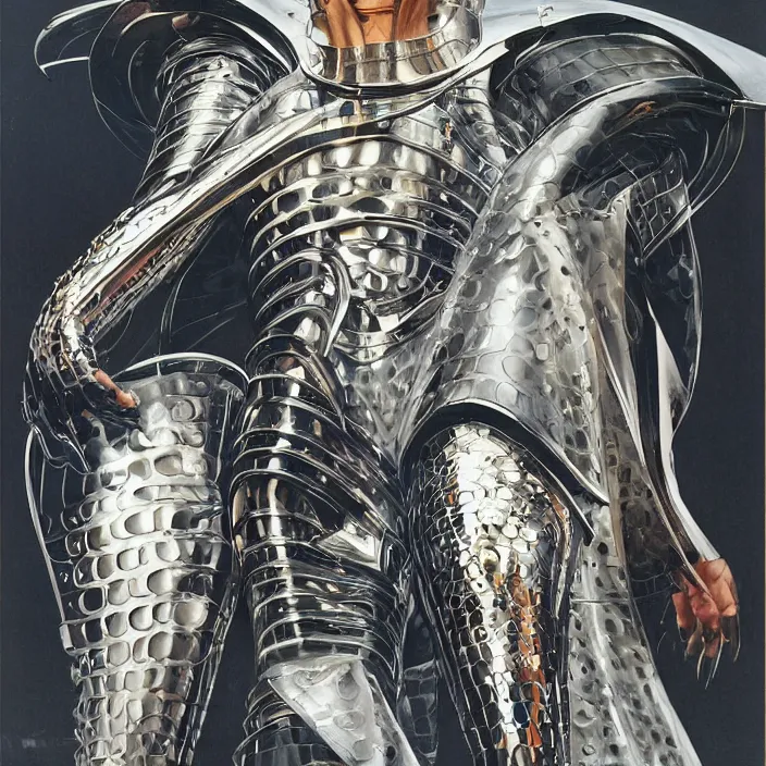 Prompt: teutonic knight, full body, high fashion, latex, futurist, aerodynamic, metallic, sharp, flowing, slick, highly detailed, motion, concept art, smooth, sharp focus, hd, art by alex grey and john berkey and annie leibovitz