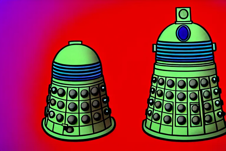 Image similar to daleks!, in the style of john avon and derek riggs and eva widermann, trending on artstation, halfrear lighting closeup view anaglyph filter, bokeh, anime, colored pencil art, belle epoque