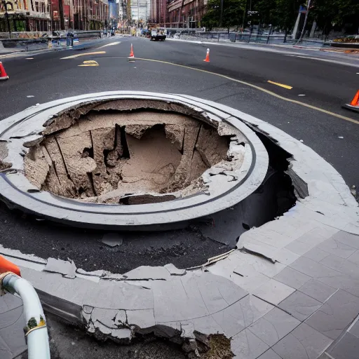 Prompt: infinite sinkhole in the middle of the street, sony a 7 r iii, 8 5 mm, f / 1. 8, 2 0 1 8