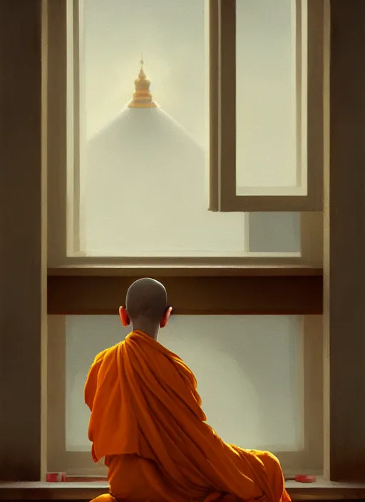 Prompt: oil painting of a monk in robes, looking out a window contemplatively, digital art, artstation, cinematic, golden hour, digital art painting by greg rutkowski