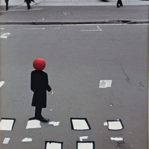 Image similar to wide-shot low-angle photo of empty!!! animated clothes (((heads))) walking down the street in New York, polaroid photo, by Andy Warhol, by Rene Magritte