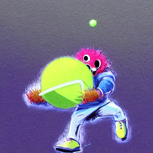 Prompt: a tennis ball monster wearing a hoodie ,tennis ball, tennis racket, colorful, digital art, fantasy, magic, trending on artstation, ultra detailed, professional illustration by Basil Gogos