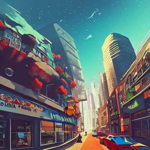 Prompt: street view, utopian!!!!! bustling, trending on artstation, fisheye!!! lens