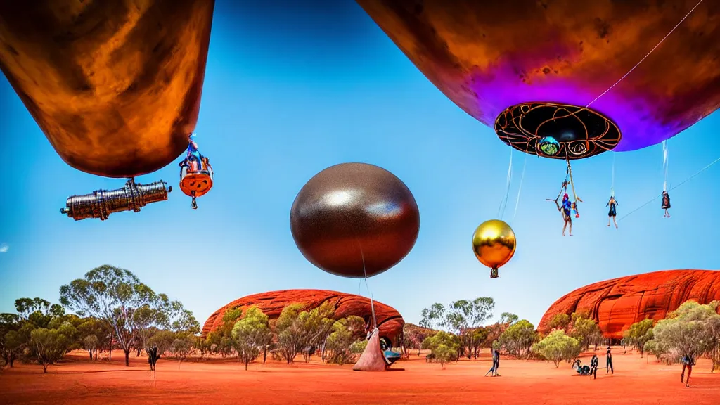Image similar to large colorful futuristic space age metallic steampunk balloons with pipework and electrical wiring around the outside, and people on rope swings underneath, flying high over the beautiful ayers rock in australia city landscape, professional photography, 8 0 mm telephoto lens, realistic, detailed, photorealistic, photojournalism