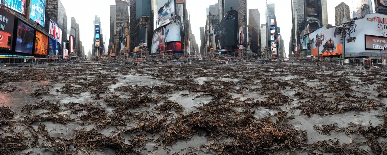 Image similar to times square after the oceans rise. The whole city is deep under water. Seaweed growing here or there, schools of fish glitter in the gloom. Rusted cars make a home for coral. Panoramic view