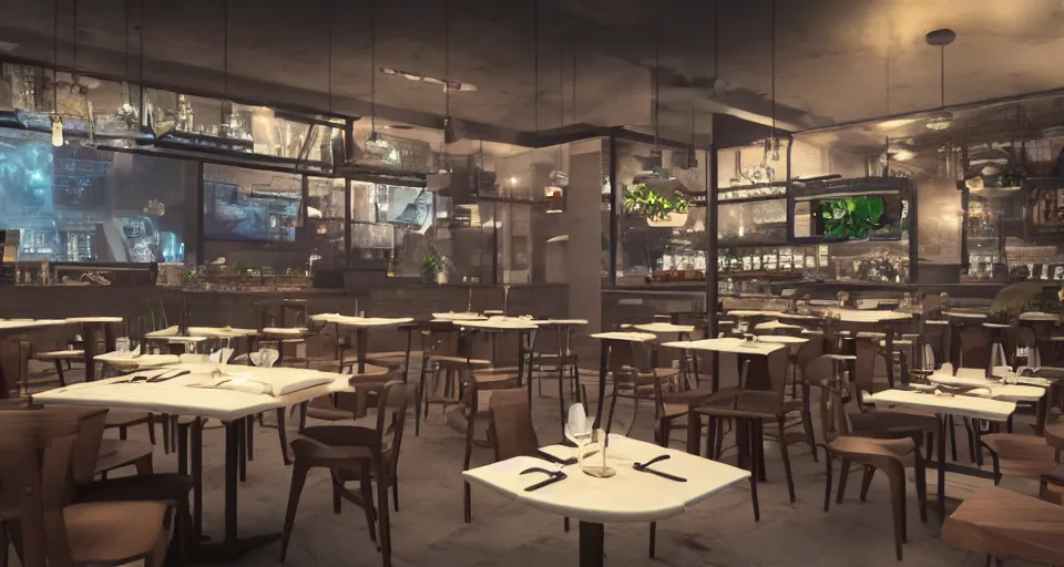 Image similar to restaurants of the future, hyper realistic render, 8 k render, unreal engine 5 render