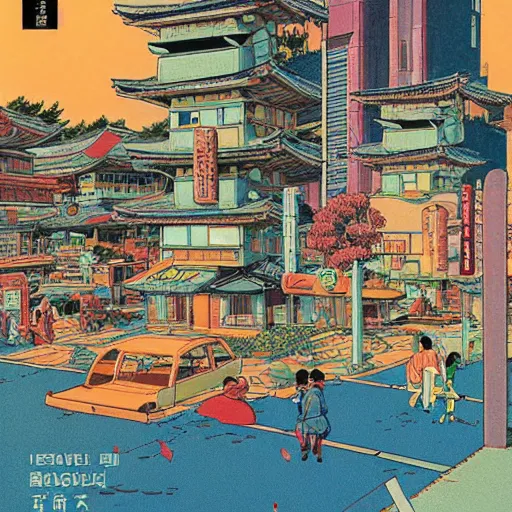 Image similar to 1979 travel magazine cover depicting a futuristic Japanese village at street level. Art in the style of Moebius, cyberpunk, masterpiece