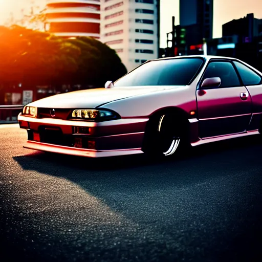 Image similar to a car Nissan Silvia at illegal car meet, Shibuya prefecture, city sunset, cinematic color, photorealistic, highly detailed