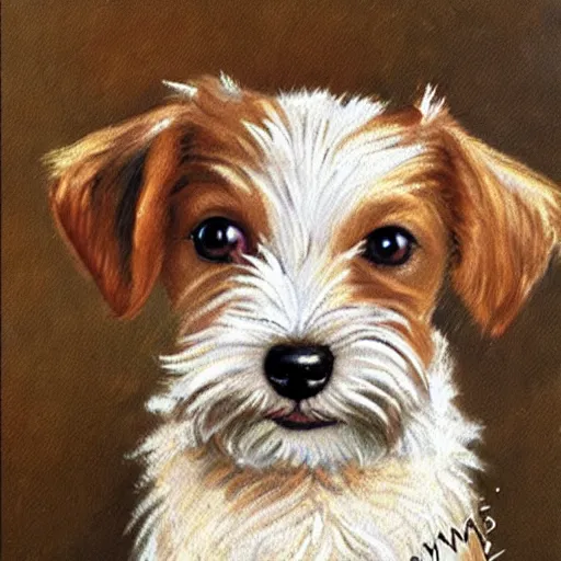 Image similar to a high quality painting of a very cute scruffy wire haired jack russell terrier puppy, white with chocolate brown spots, brown patches over both eyes. friendly, curious expression. painting by norman rockwell