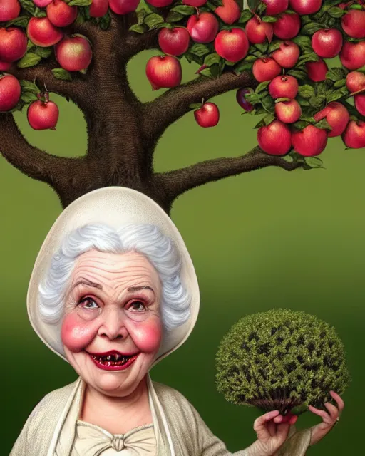 Prompt: highly detailed closeup, fat shiny ceramic white hair old happy woman dressed in victorian hat, clothes looking forward, full face view in front of an apple tree, hyperrealistic, artstation, illustration, nicoletta ceccoli, mark ryden, lostfish, dan decarlo, bob clampett, max fleischer, matte paint, vivid colors