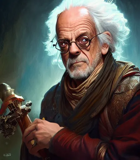 Image similar to Christopher Lloyd as bard, full body, dungeons and dragons portrait, highly detailed, digital painting, artstation, concept art, sharp focus, illustration, art by artgerm and greg rutkowski and alphonse mucha