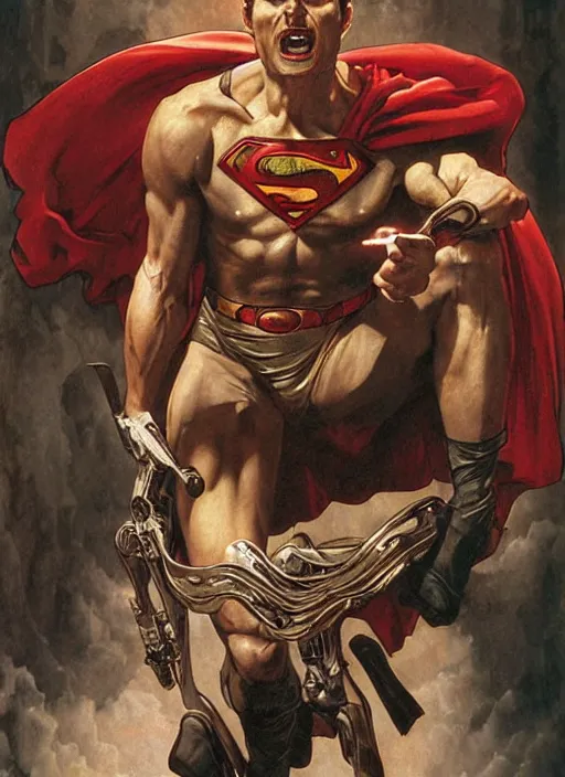 Image similar to renaissance grotesque portrait painting of old angry tom cruise as superman 2 0 7 7, sentry, superior, character redesign by lee bermejo and greg rutkowski and alphonse mucha