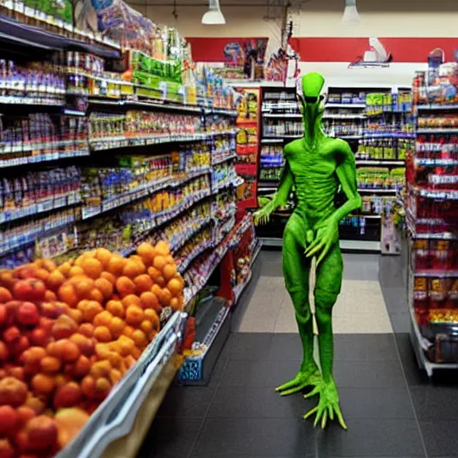 Image similar to mid shot of an alien dressed by emidio tucci buying groceries at the store, shot by amanda carlson and alex strelkovv, professional photo, masterpiece, very detailed, hyper - realistic, cinematic, 4 k