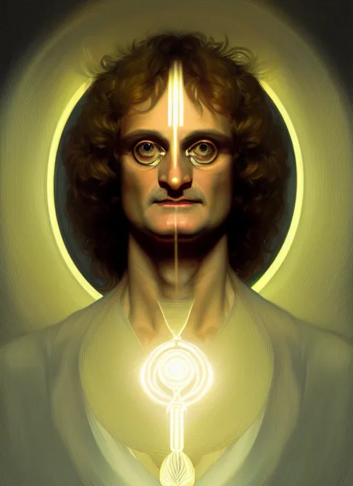 Image similar to symmetry portrait of isaac newton, glowing lights, intricate, elegant, highly detailed, digital painting, artstation, concept art, smooth, sharp focus, illustration, art by artgerm and greg rutkowski and alphonse mucha