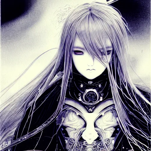 Image similar to Yoshitaka Amano blurred and dreamy illustration of an anime girl with wavy white hair and cracks on her face wearing Elden ring armour with the cape fluttering in the wind, abstract black and white patterns on the background, noisy film grain effect, highly detailed, Renaissance oil painting, weird portrait angle