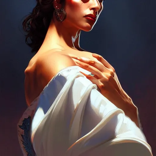 Prompt: fierce spanish female flamenco dancer, spotlight, highly detailed, digital painting, artstation, portrait, concept art, smooth, sharp focus, illustration, cinematic lighting, art by artgerm and greg rutkowski and alphonse mucha