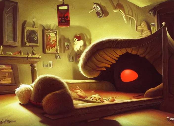 Prompt: under the bed a big monster hides, cute, furry, big eyes, dark, dramatic lighting, pixar bedroom scene, cinematic, highly detailed, realistic oil painting by tim hildebrandt and peter elson and frank frazetta