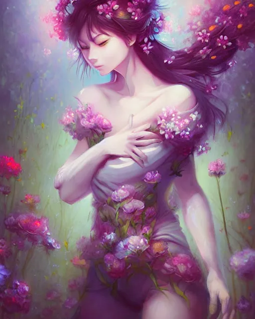 Image similar to a painting of a beautiful huggy wuggy surrounded by flowers, an ultrafine detailed painting by ross tran, centered full body, featured on deviantart, fantasy art, detailed painting, deviantart, anime