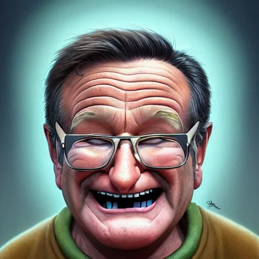 Image similar to Portrait of Robin Williams Funny cartoonish by Gediminas Pranckevicius H 640 and Tomasz Alen Kopera, masterpiece, trending on artstation