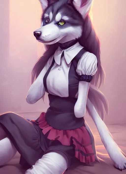 Prompt: beautiful portrait commission of a cute furry anthro husky dog fursona french maid clothes in a cozy home. character design by charlie bowater, ross tran, artgerm, and makoto shinkai, detailed, inked, western comic book art
