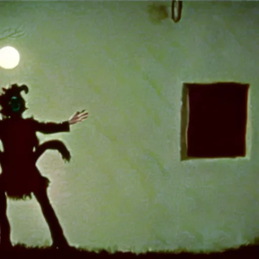 Image similar to a cinematic film still from a 1980s horror film about a Alice cooper clown, vintage, color film still, moon lighting