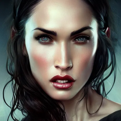 Prompt: ultra realistic illustration, megan fox with fangs as vampire, intricate, elegant, highly detailed, digital painting, artstation, concept art, smooth, sharp focus, illustration, art by artgerm and greg rutkowski and alphonse mucha