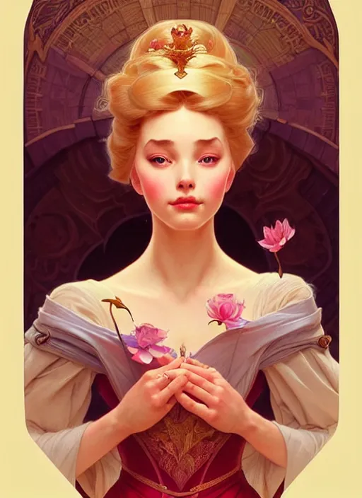 Image similar to portrait of disney sleeping beauty, intricate, elegant, highly detailed, my rendition, digital painting, artstation, concept art, smooth, sharp focus, illustration, art by artgerm and greg rutkowski and alphonse mucha and uang guangjian and gil elvgren and sachin teng, symmetry!!