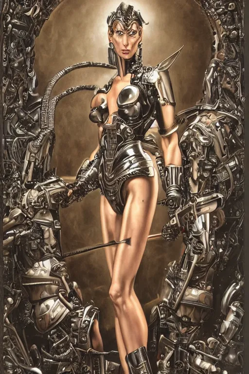 Prompt: very detailed portrait of christine turlington as warrior of dark futuristic robotic world, by hajime sorayama, mysticism, intricate, highly ornate dark trim armoury