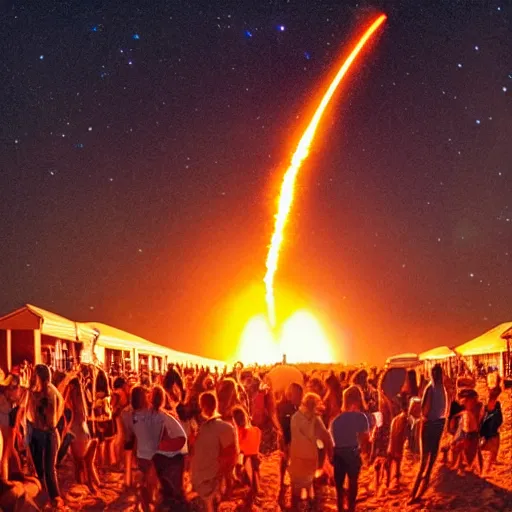 Image similar to a fiery meteor hitting a crowded beach concert