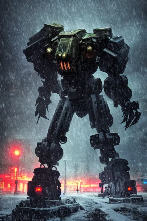 Image similar to magazine cover, cthulhu iron giant war mech with a huge rifle in tokyo city, lighting, alien invasion, modern buildings, winter landscape, snowstorm, establishing shot, metal texture, apocalypse, explosion scene, thick smoke, 8 k, super realistic, cinematic composition, by gustav dore