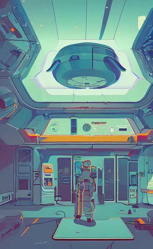 Prompt: spaceship in a gas station in space, sharp focus, james gilleard, moebius, sci - fi, print, risograph, cinematic, game art