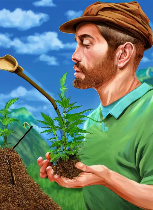 Prompt: digital portrait of a person looking like aleksandr lukanhesko cultivating weed in mountains, hot sun, photo realism