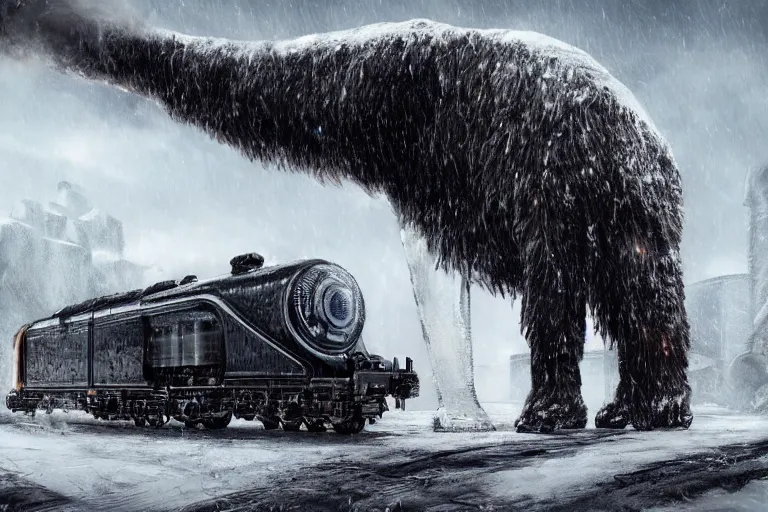 Image similar to a grand intricate futuristic black steam train next to a giant mammoth, post - apocalyptic ice landscape in snowstorm, concept art, artstation, highly detailed, digital art