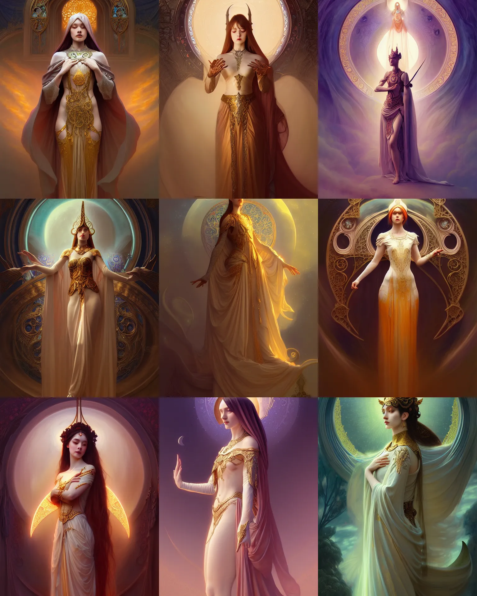 Prompt: Full view realistic ethereal deity of the crescent moon wearing beautiful dress by Mandy Jurgens and Ruan Jia, ornate art nouveau background by Elisabeth Sonrel, iconography background, mystical, award winning, dramatic lighting, intricate details, realistic, full view, Artstation, CGsociety