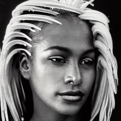 Prompt: black and white vogue closeup portrait by herb ritts of a beautiful female model, hawaiian. high contrast