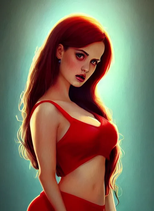 Prompt: full body portrait of teenage cheryl blossom, bangs, green eyes, sultry expression, red hair, sultry smirk, bangs and wavy hair, bangs, intricate, elegant, glowing lights, highly detailed, digital painting, artstation, concept art, smooth, sharp focus, illustration, art by wlop, mars ravelo and greg rutkowski