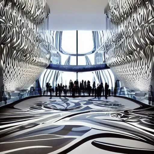 Image similar to extremely detailed ornate stunning beautiful elegant futuristic museum lobby interior by Zaha Hadid