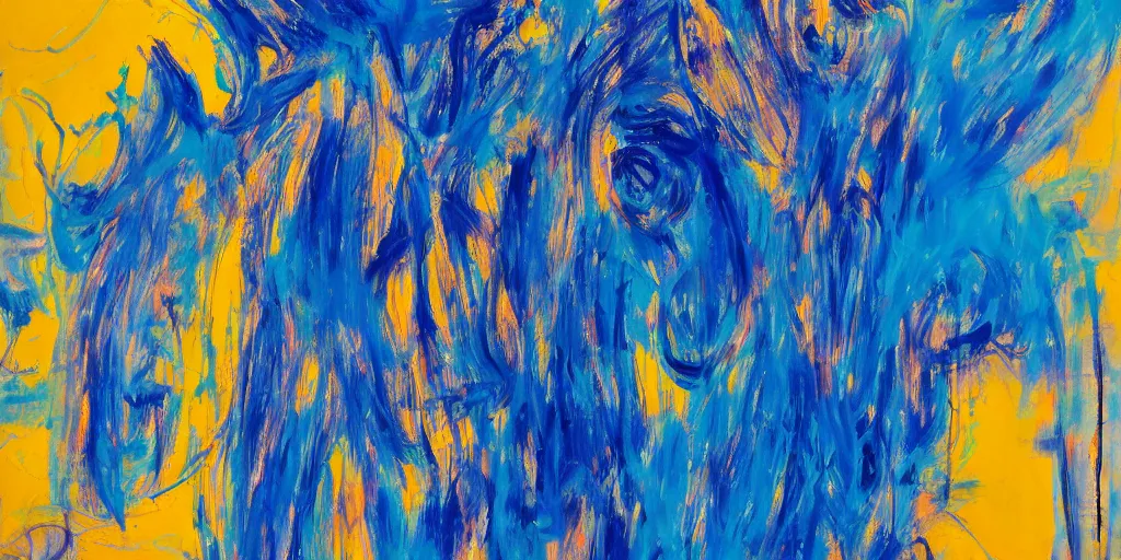 Image similar to chaotic abstract expressionism painting of a face, blue color palette