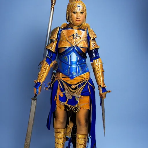 Prompt: full body photo of a female warrior with lapis lazuli armour and weapons