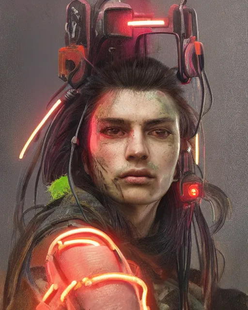 Image similar to '' Face portrait of a scarred fighter with a neon lime leather coat, long hair with a ponytail , sci-fy, cyberpunk, high detail, 4k , digital painting, artstation, concept art, sharp focus, illustration, art by greg rutkowski and alphonse mucha ''