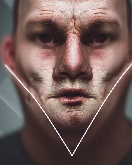 Image similar to scary photo of a man with equilateral triangle instead of his mouth, hyperrealism, bokeh, 8k, trending on