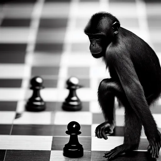 Image similar to black and white portrait photo of a monkey eating a chess piece by annie liebovitz,